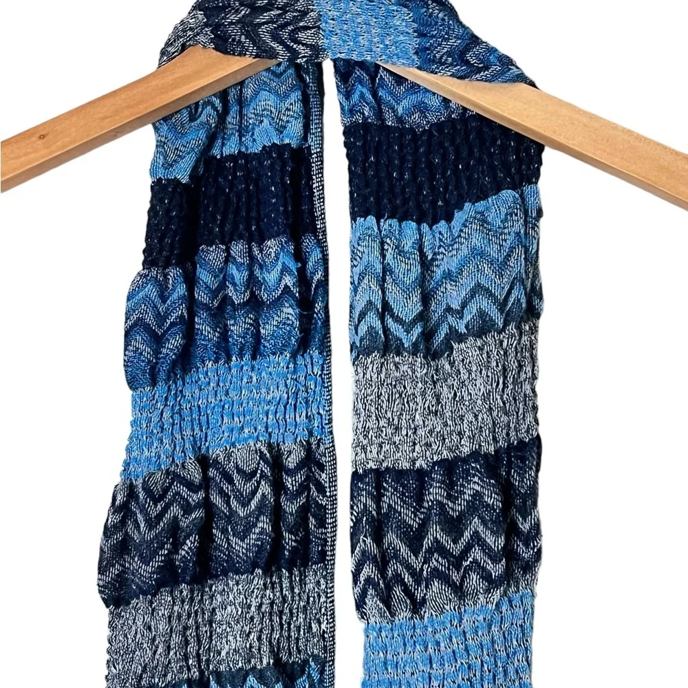 Blue striped fringe crinkle scarf wrap